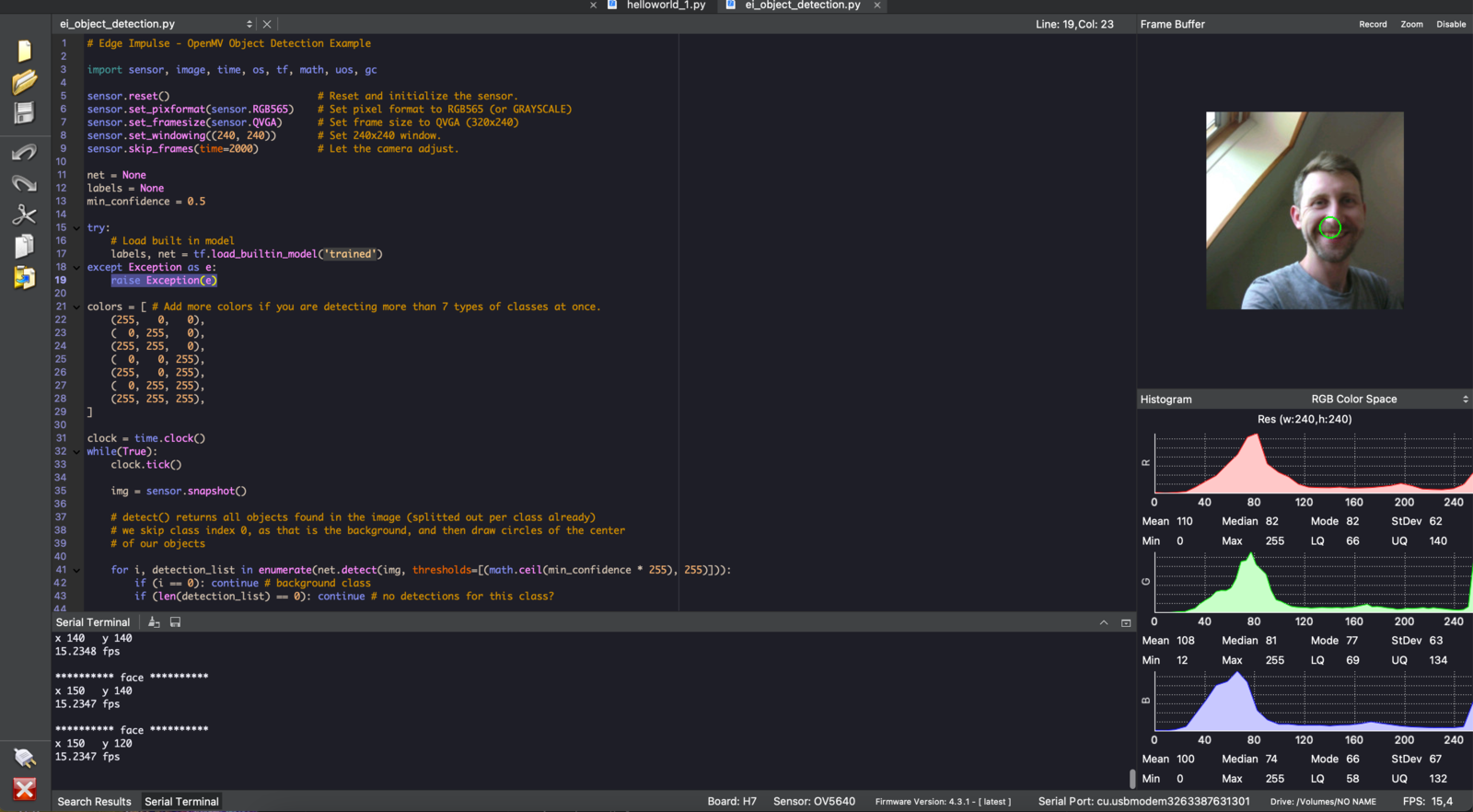 OpenMV IDE with the Edge Impulse script ready to run from the play button