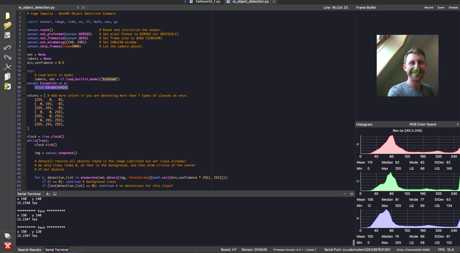 OpenMV IDE with the Edge Impulse script ready to run from the play button