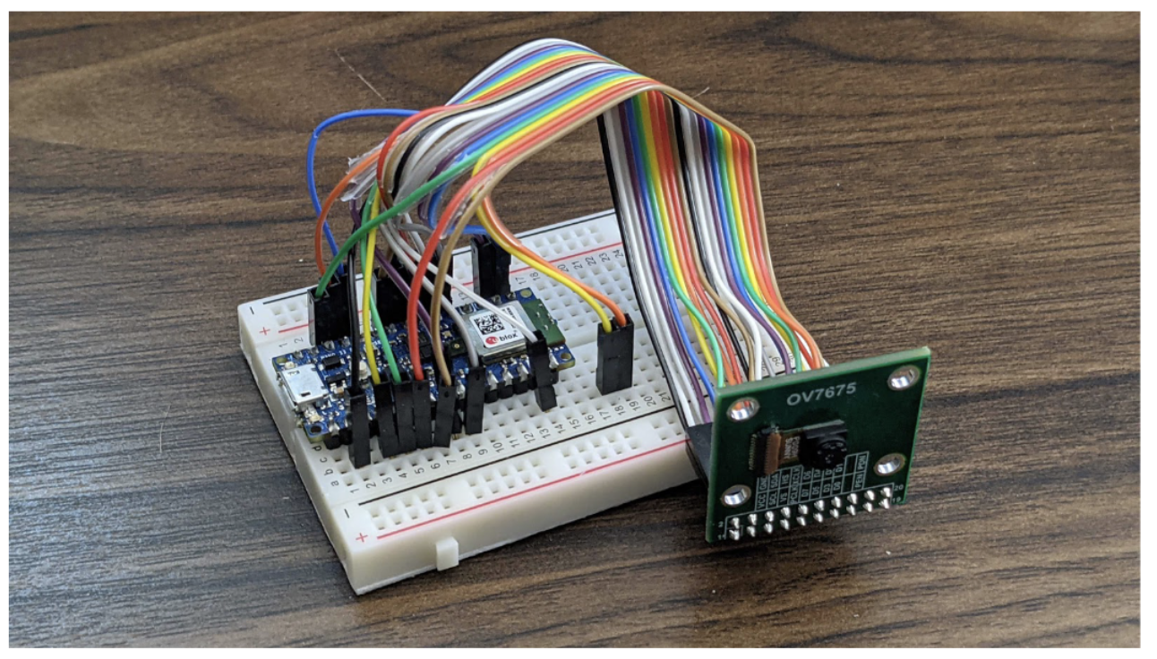 OV7675 camera module wired through a breadboard to the Nano board