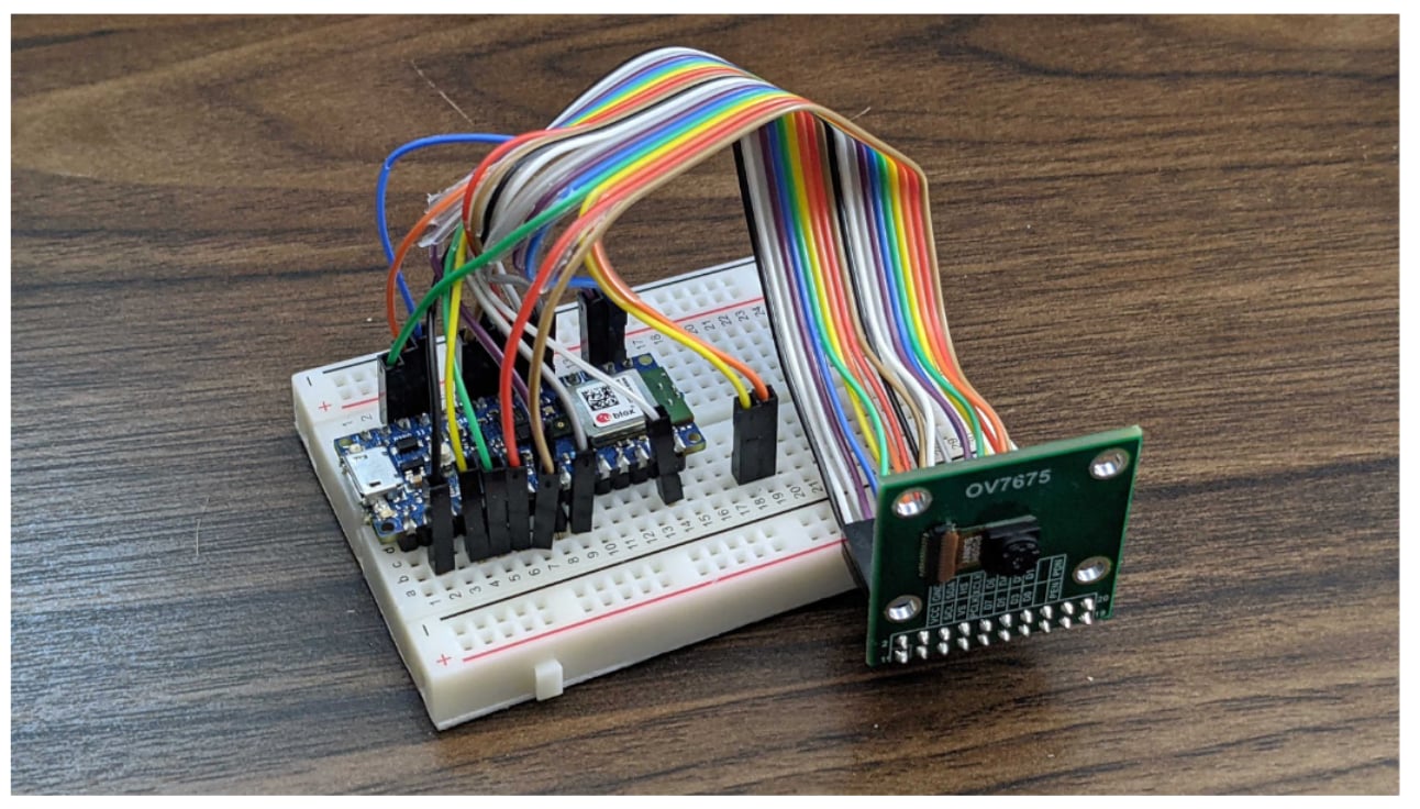 OV7675 camera module wired through a breadboard to the Nano board