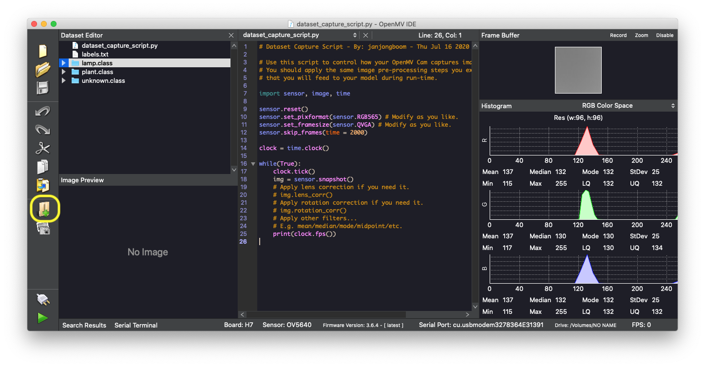 Dataset editor panel with class folders for ripe, unripe, and empty examples