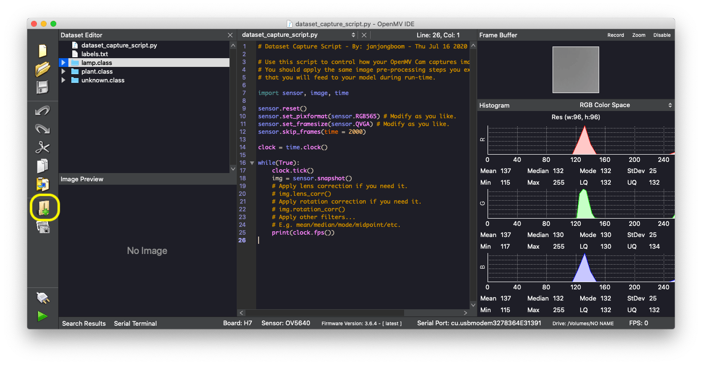 Dataset editor panel with class folders for ripe, unripe, and empty examples