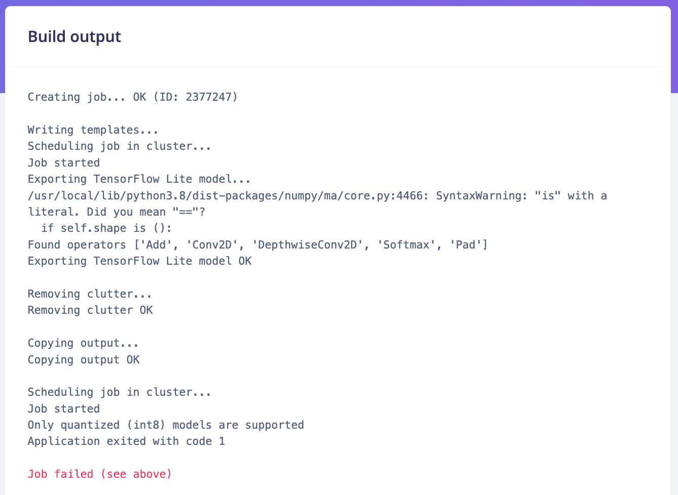 Deployment error indicating that only quantized int8 models are supported for OpenMV