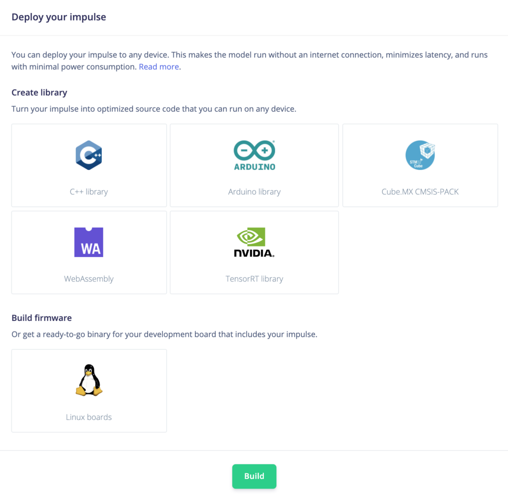 The Deployment page listing device and library options for the trained model
