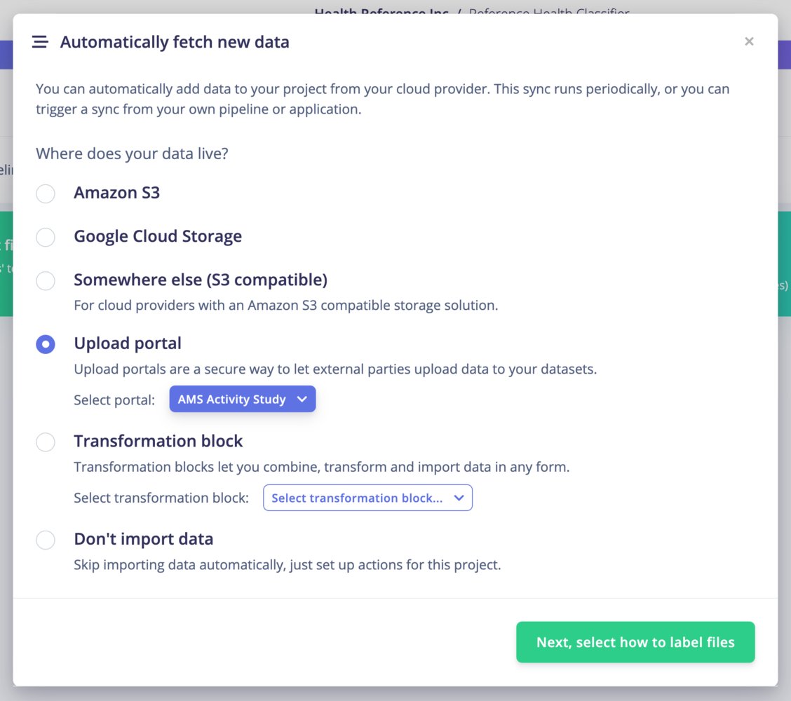 Data source setup screen with upload portal selected as the import method