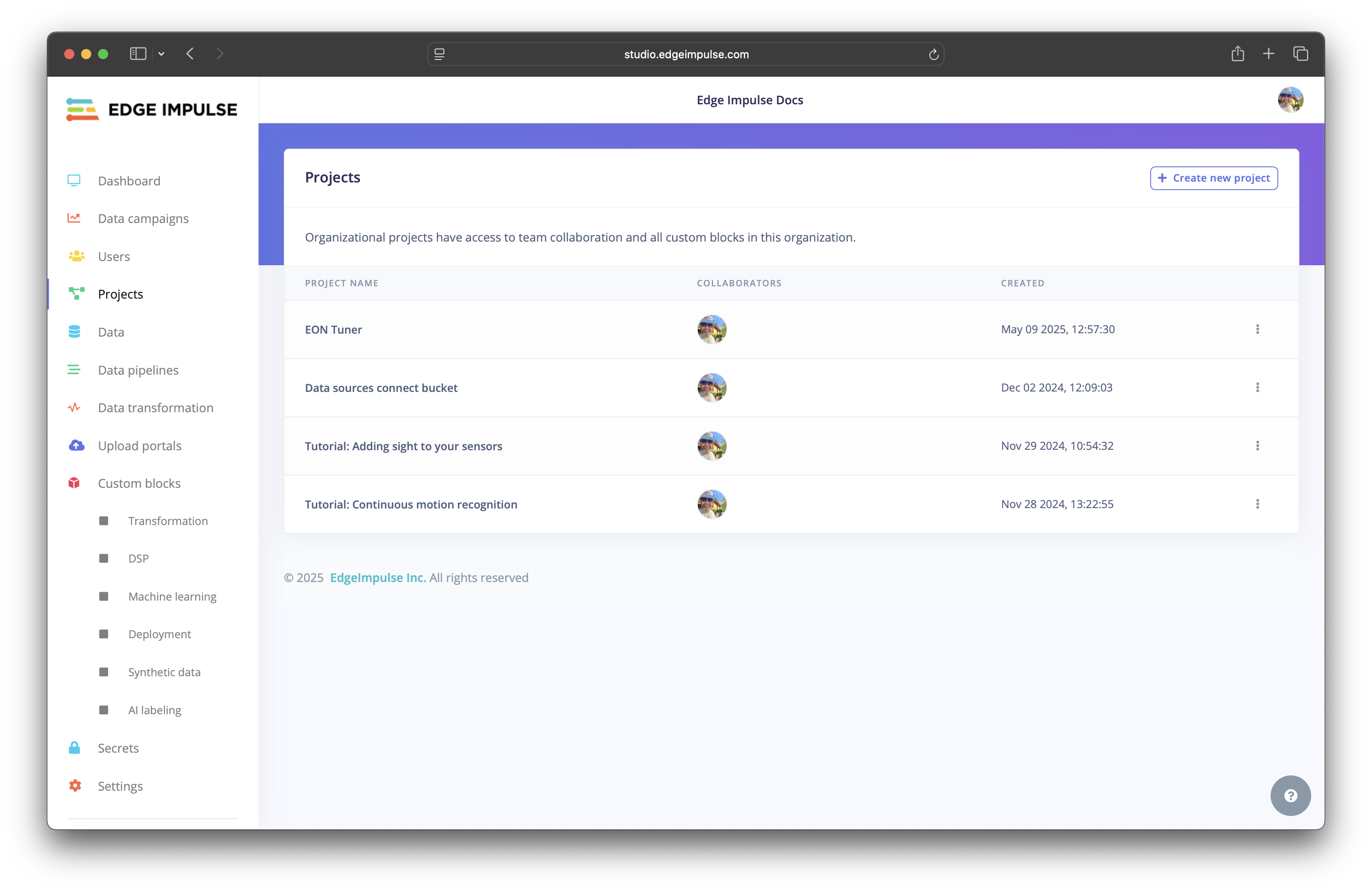 Projects - Edge Impulse Documentation