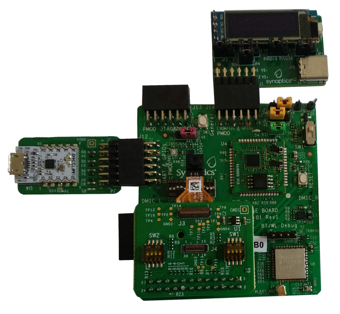 Synaptics Katana board connected to the UART and firmware configuration PMOD boards