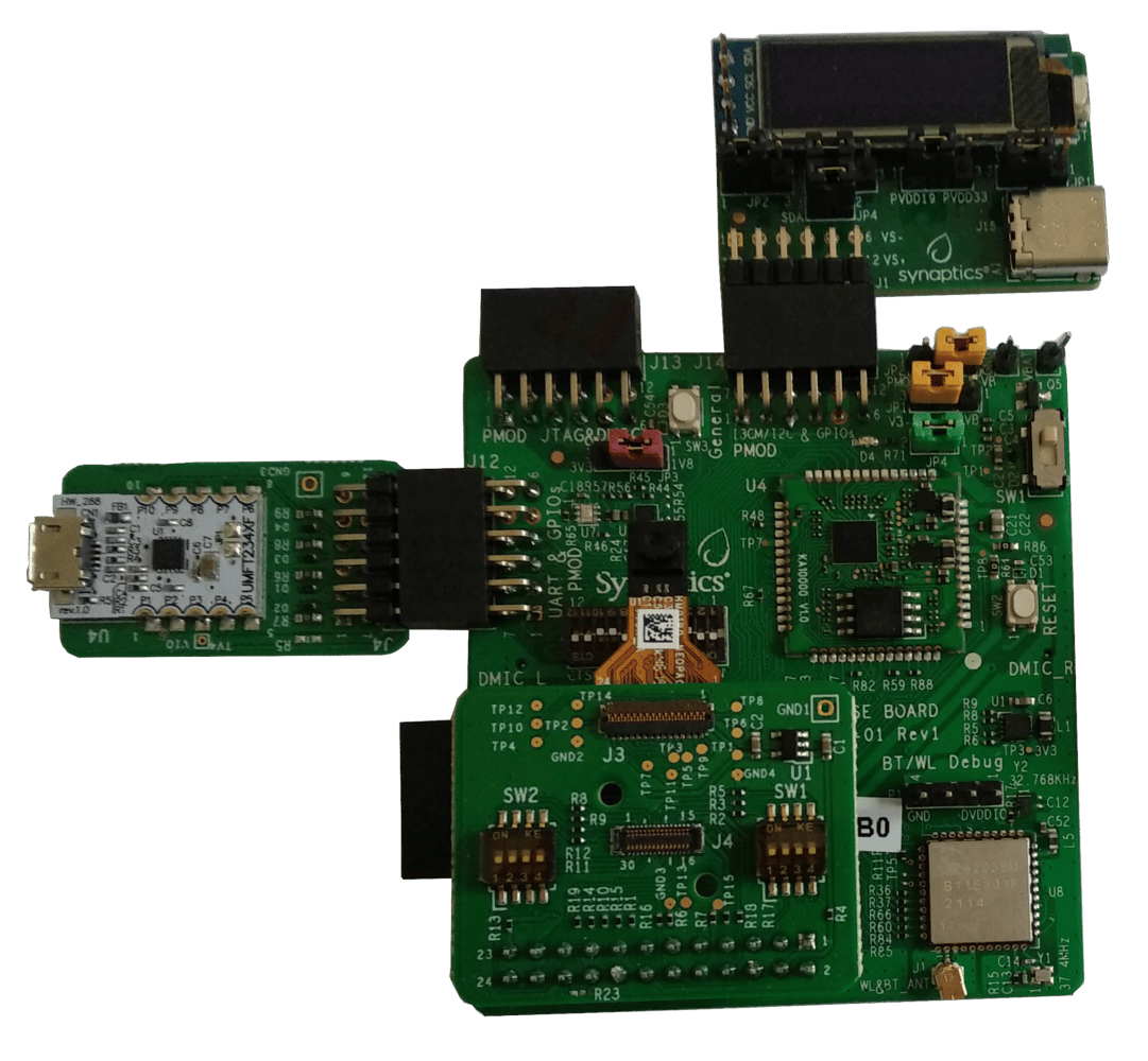 Synaptics Katana board connected to the UART and firmware configuration PMOD boards