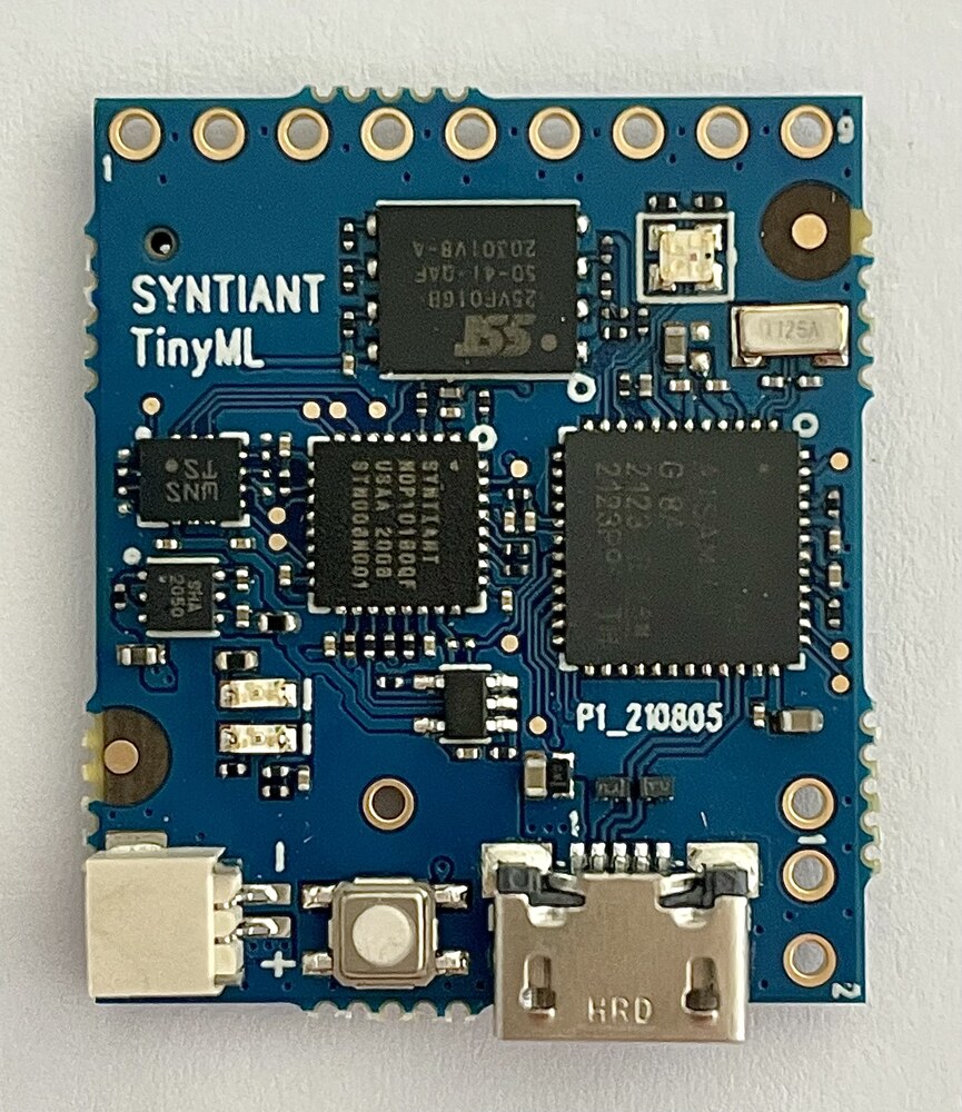 Syntiant TinyML Board shown from the front with its USB connector