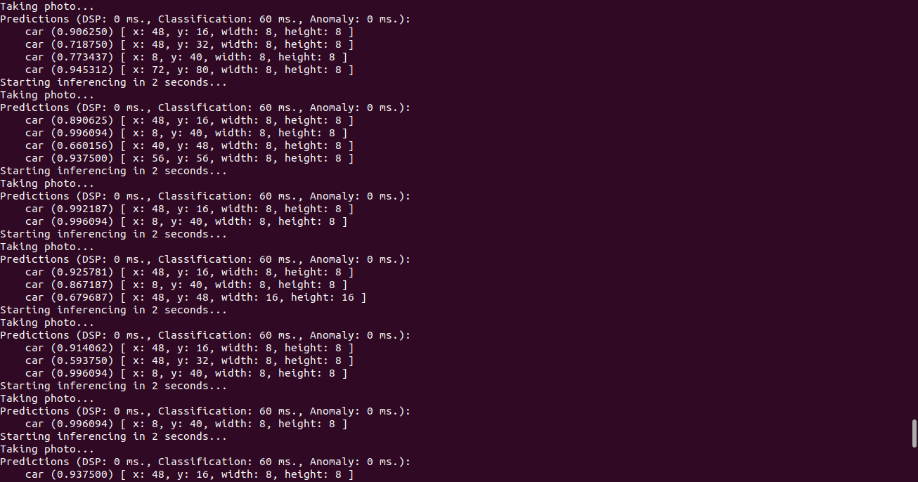 Terminal output from the Edge Impulse CLI running inference