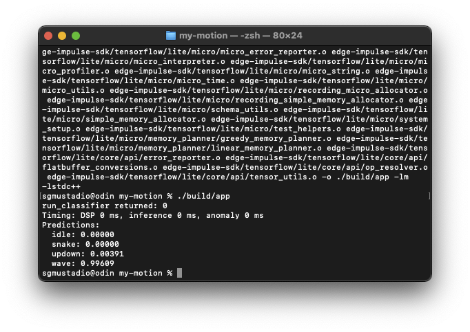 Terminal output showing predictions from the compiled standalone C++ application