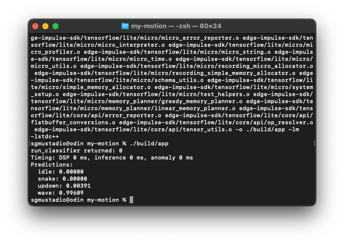 Terminal output showing predictions from the compiled standalone C++ application