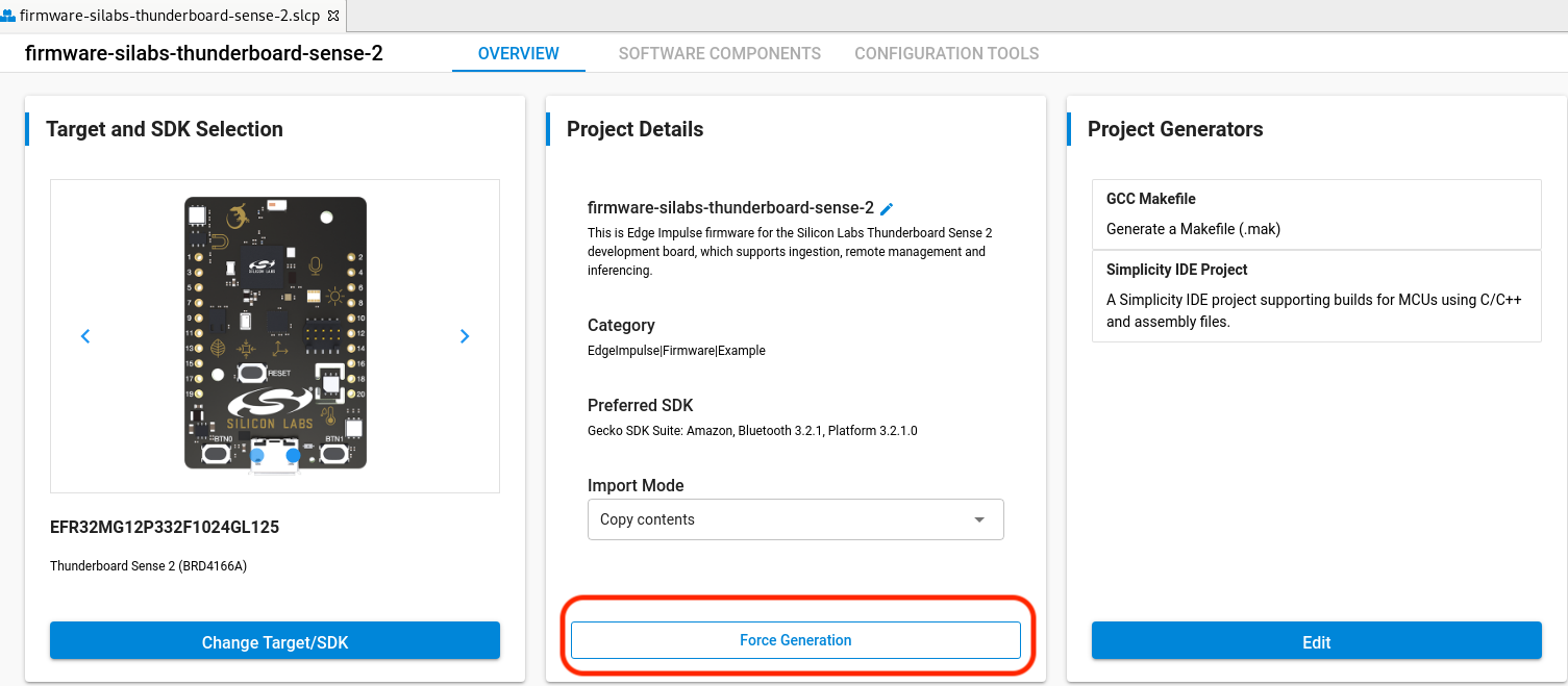 Simplicity Configurator project details after forcing project generation