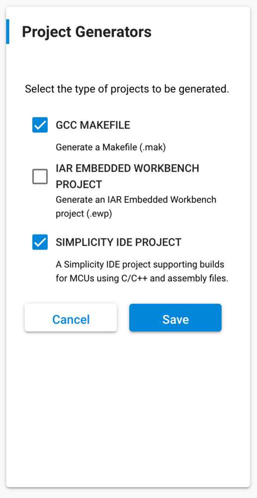 Simplicity Configurator project generator settings with IAR output disabled