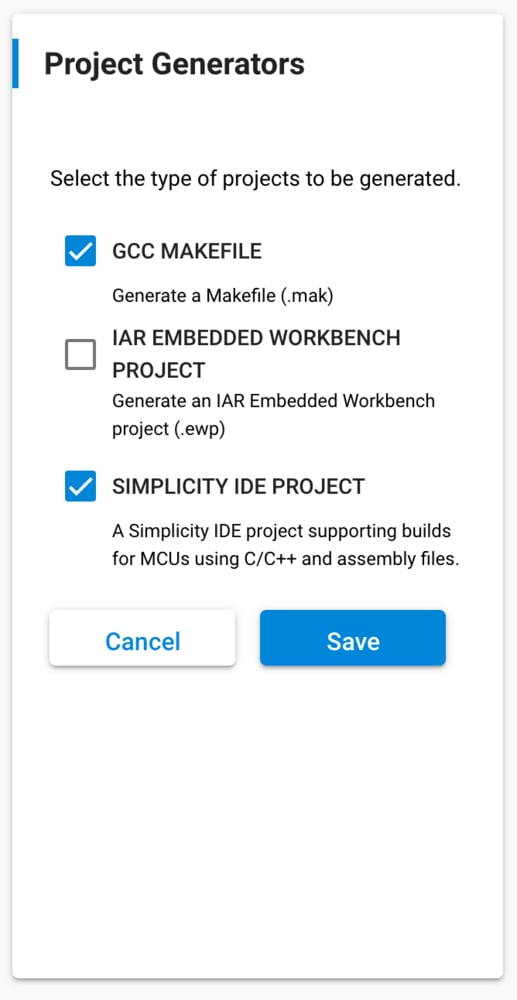 Simplicity Configurator project generator settings with IAR output disabled