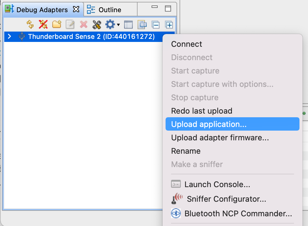 Simplicity Studio Debug Adapters view with the Upload application option