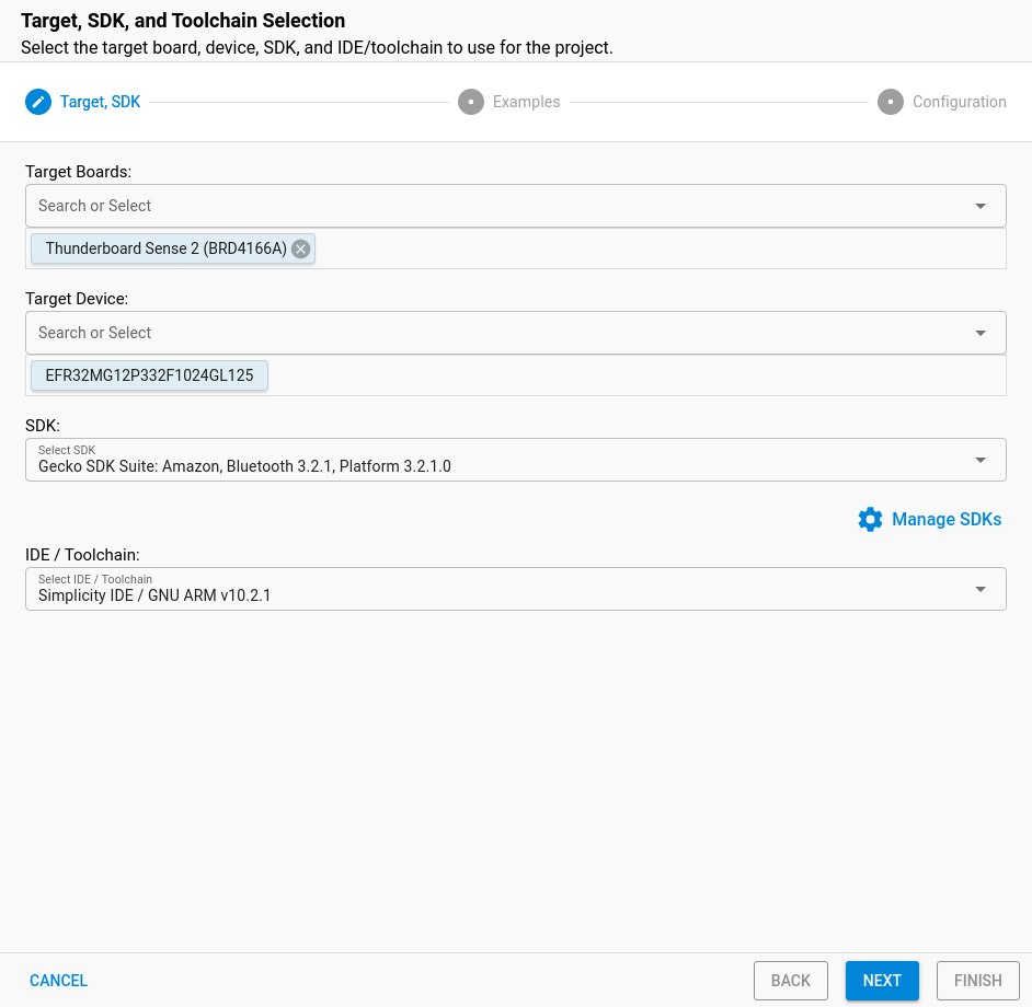 Simplicity Studio new project wizard showing target SDK and toolchain selection