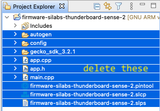 Simplicity Studio Project Explorer with generated files selected for deletion