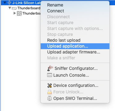 Simplicity Studio upload application dialog for flashing the built Thunderboard binary