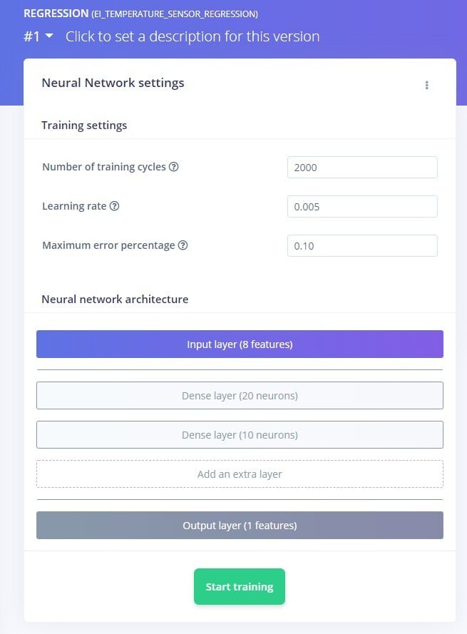 Regression learning block training settings with a single numeric output neuron