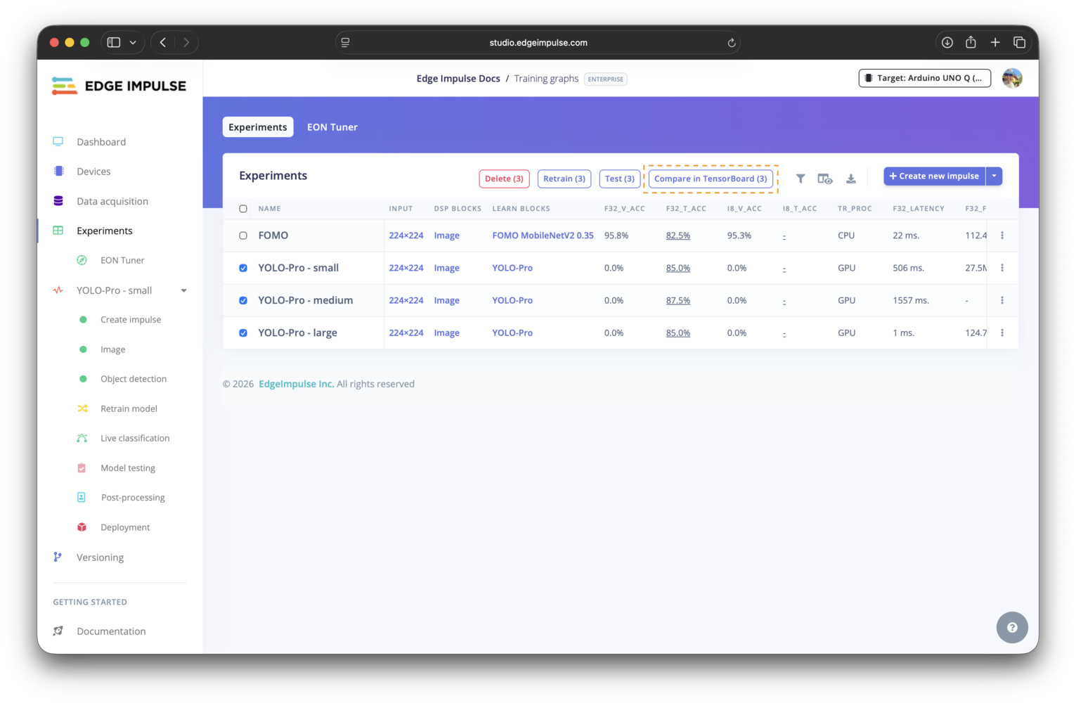 Experiments table with the Compare in TensorBoard button highlighted