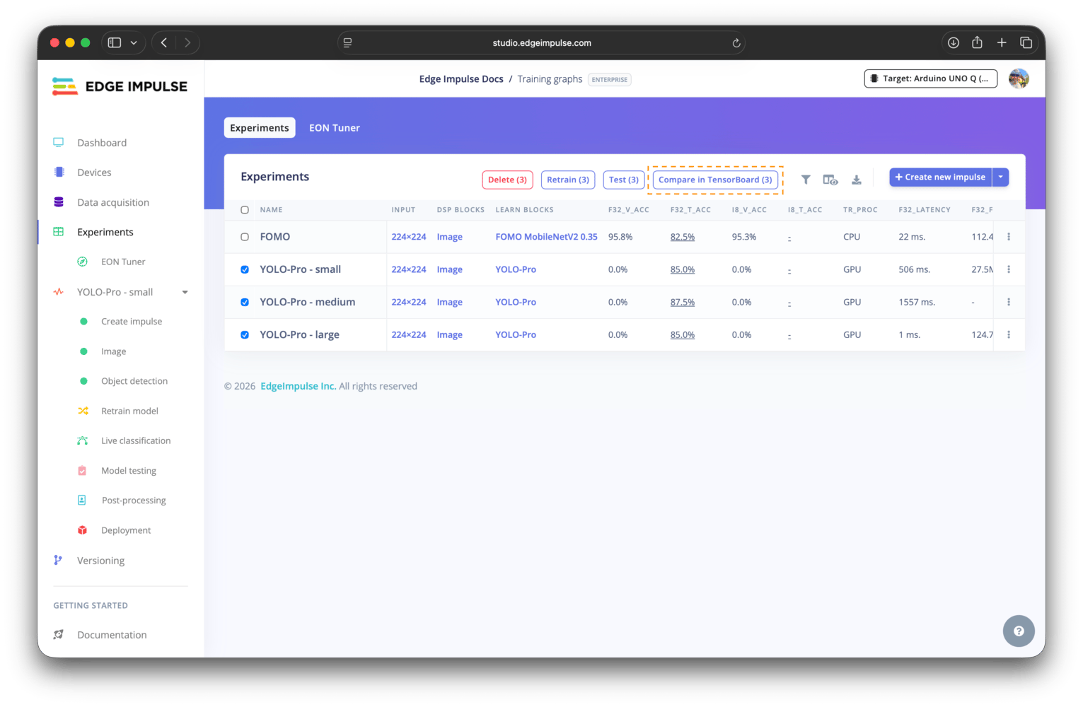 Experiments table with the Compare in TensorBoard button highlighted