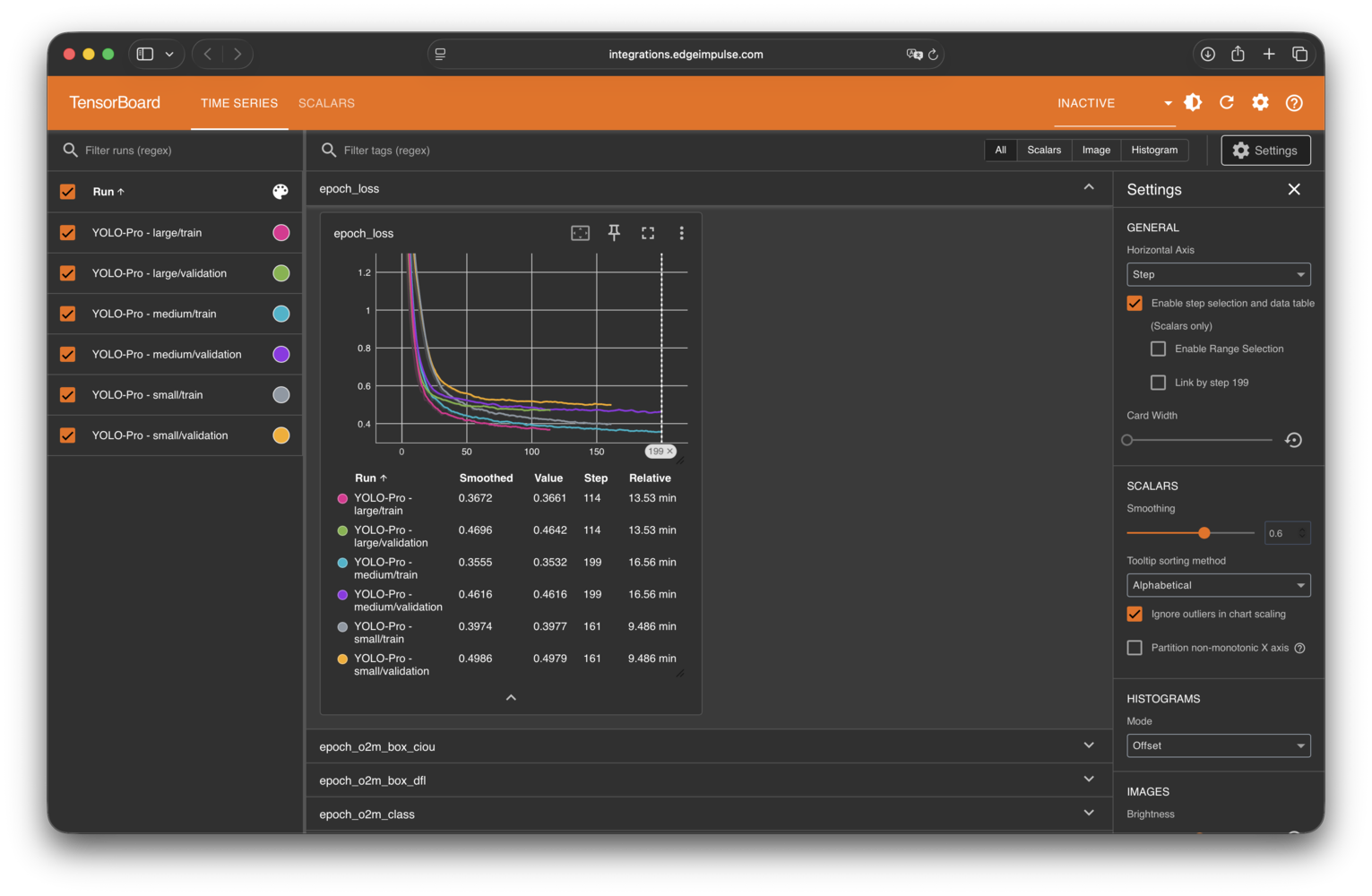 TensorBoard comparison view with multiple impulse training runs