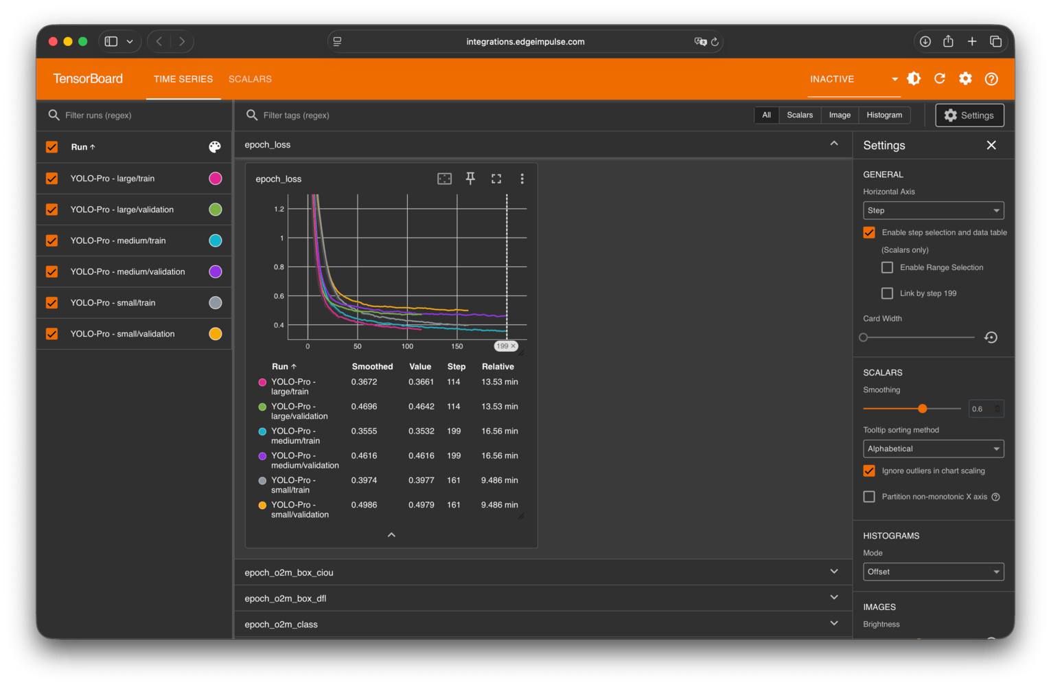 TensorBoard comparison view with multiple impulse training runs