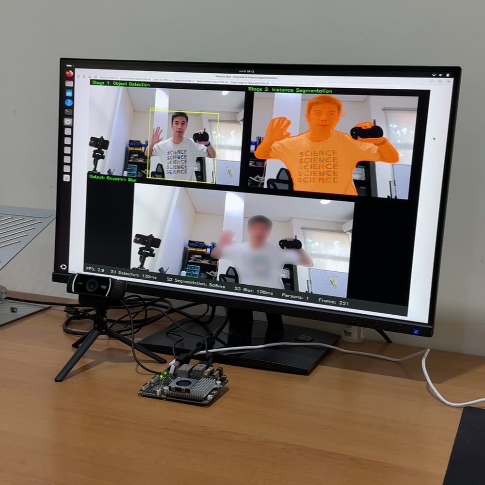 Rubik Pi 3 running the live person-blur demo