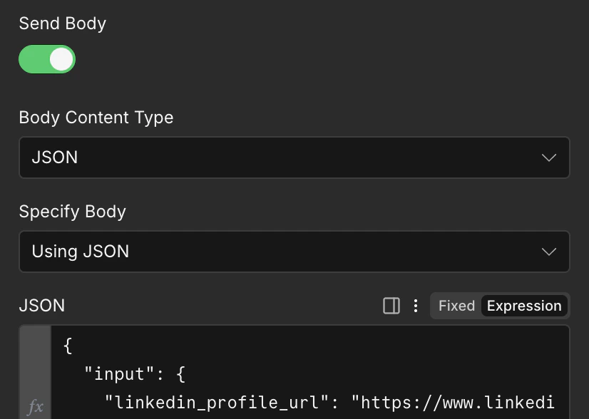 n8n Cloud HTTP Request node showing JSON body configuration for Edges API