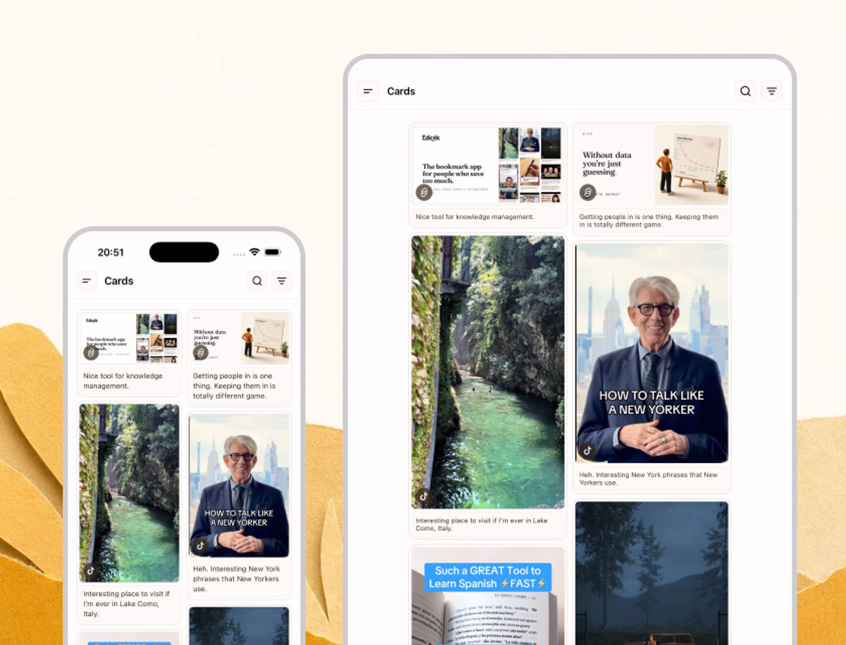 The Edicek iOS app on iPhone - your timeline of saved cards.
