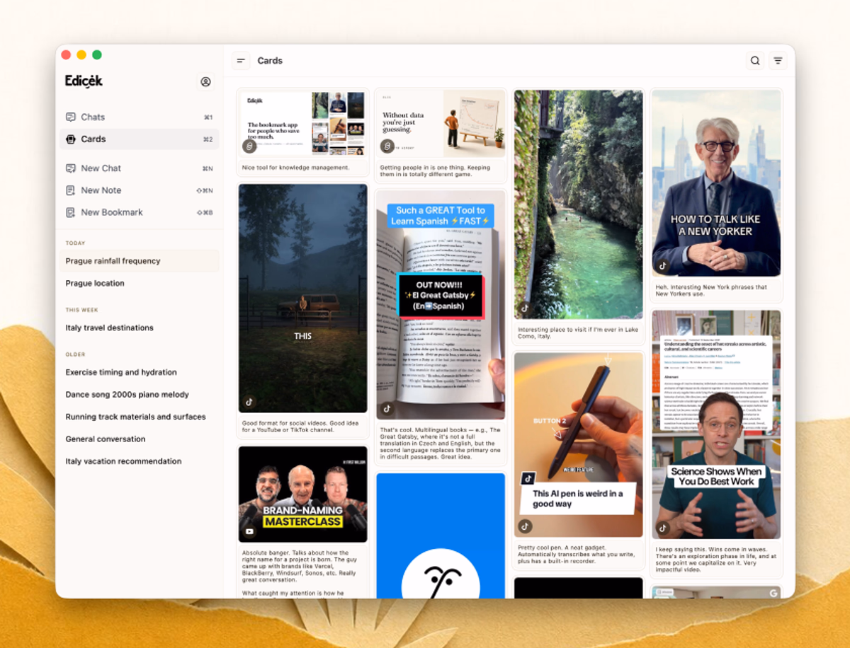 The Edicek Mac app - your timeline of saved cards in a native desktop window.