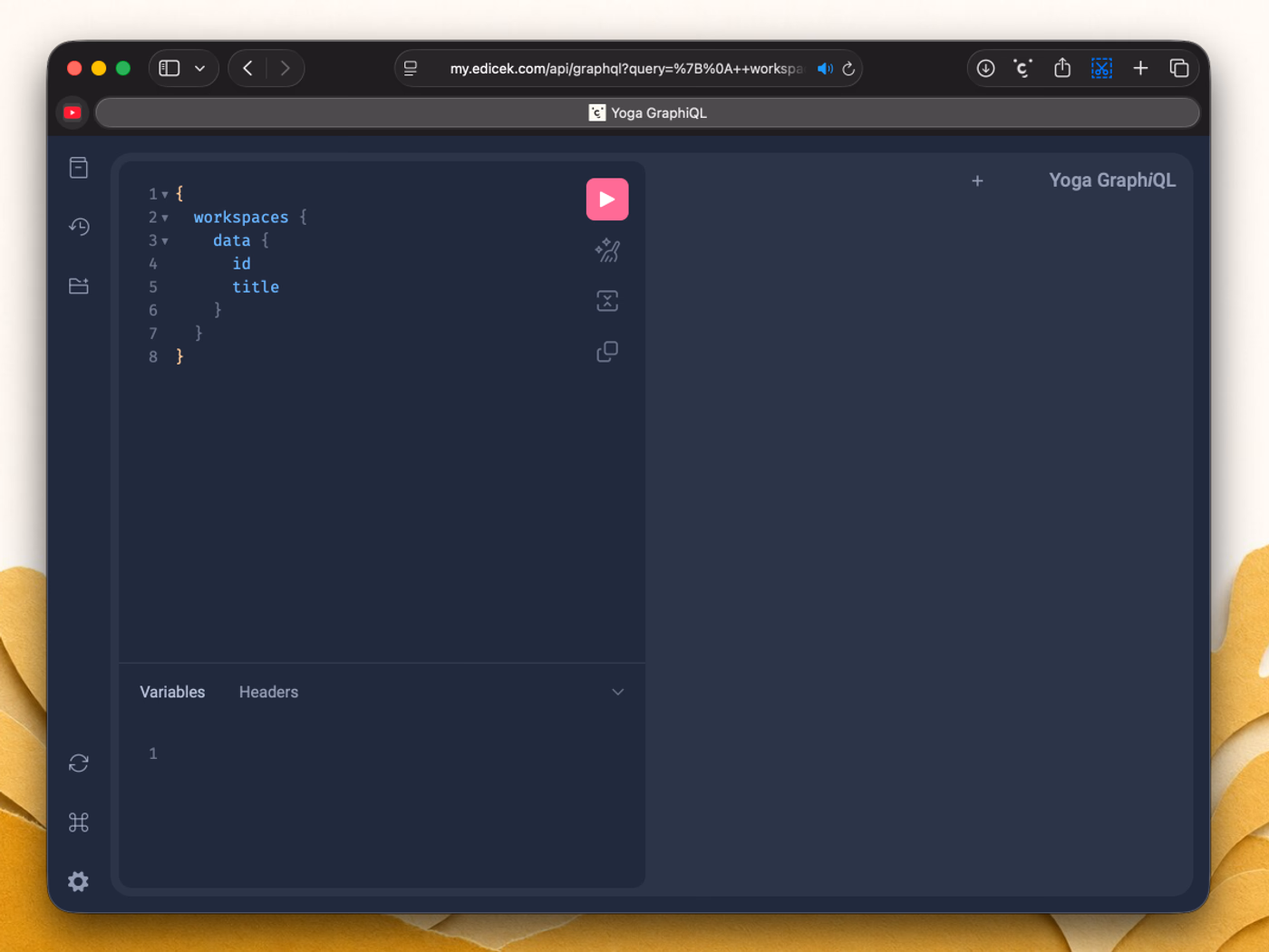 The Edicek GraphQL Playground open in a browser, running a workspaces query.