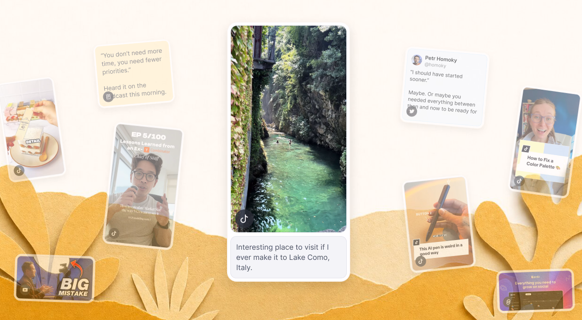 A TikTok card - a saved vertical video with a play button and a note beneath it - surrounded by other saved cards on paper.