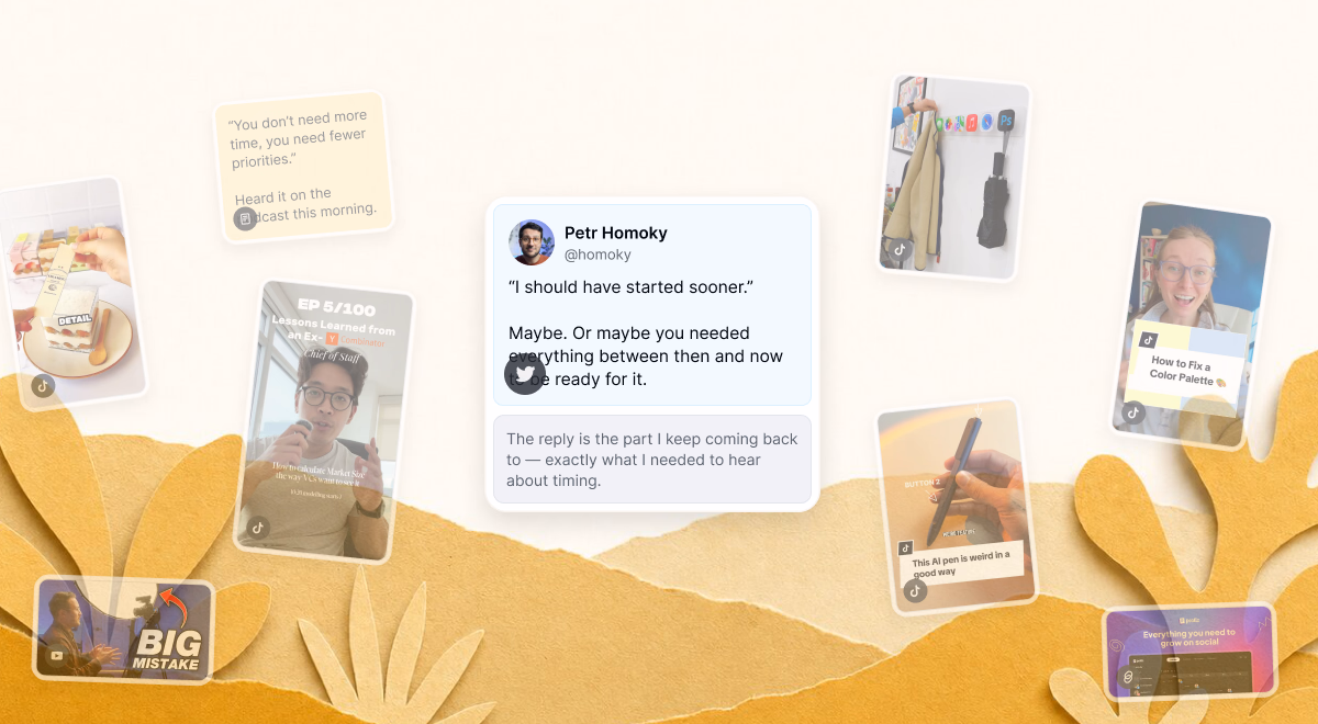 A Twitter/X card - a saved post with the author and a note beneath it - surrounded by other saved cards on paper.