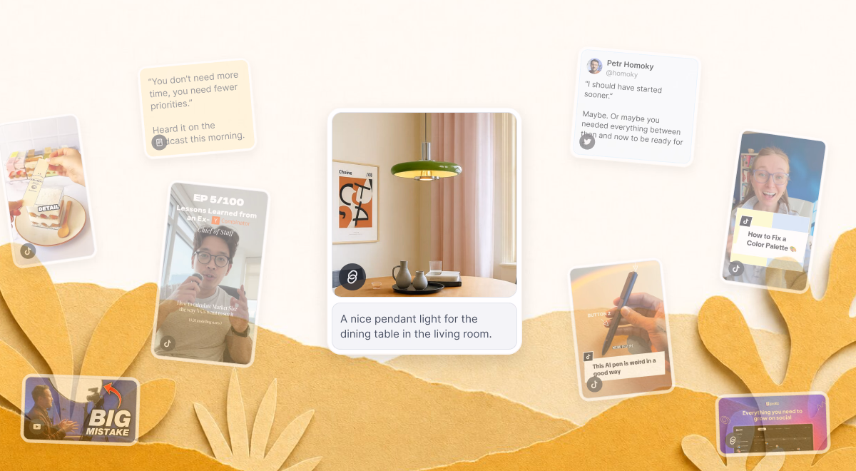 A website card - a saved page with a note beneath it - surrounded by other saved cards on paper.