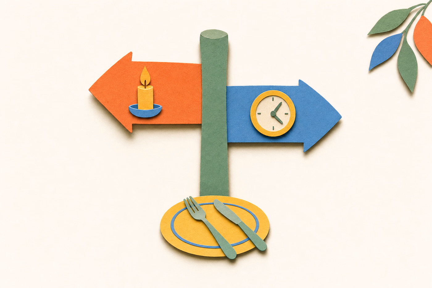 A paper signpost pointing two ways from the same plate - a candle for a special dinner, a clock for a quick lunch - the WHY decides the direction.