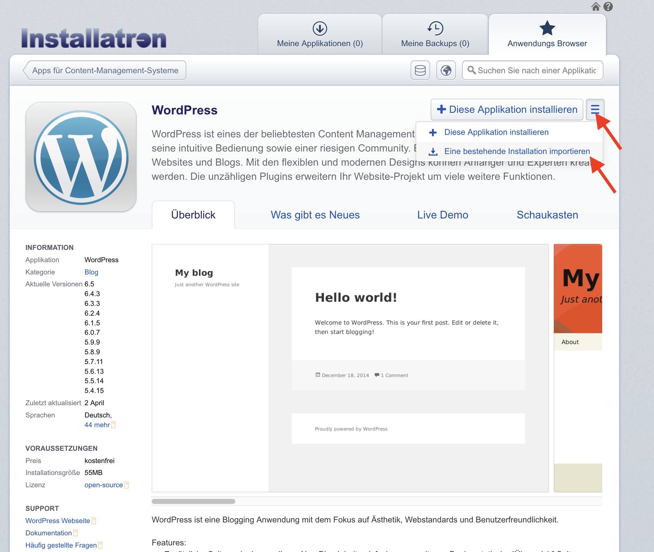 Menü zum Import einer bestehenden WordPress-Installation