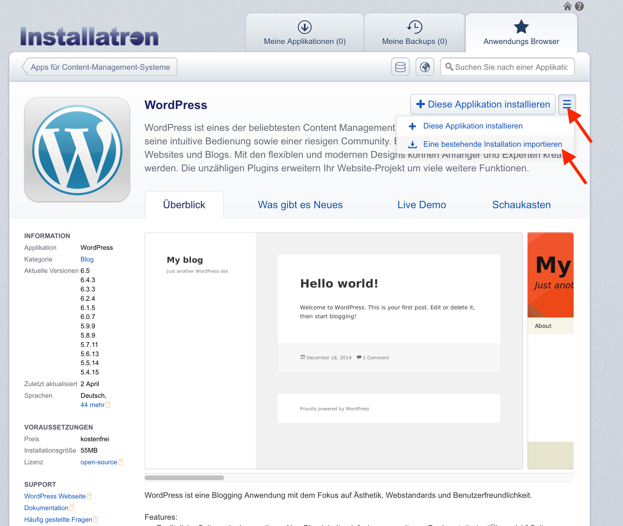 Menü zum Import einer bestehenden WordPress-Installation