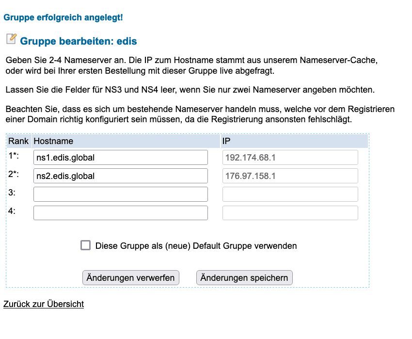 Angelegte Nameserver-Gruppe für eine Domain auswählen