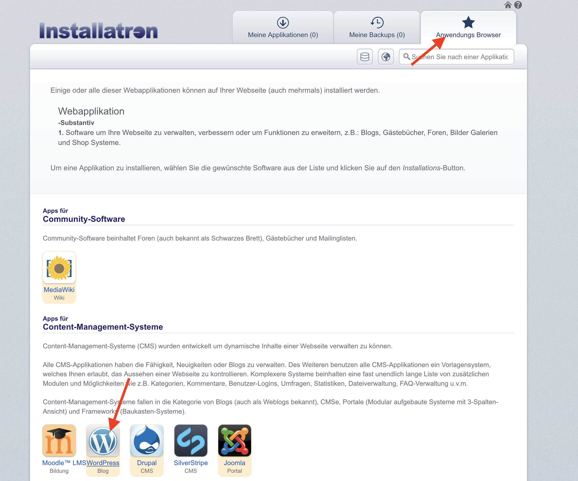 WordPress im Anwendungsbrowser des App-Installers auswählen