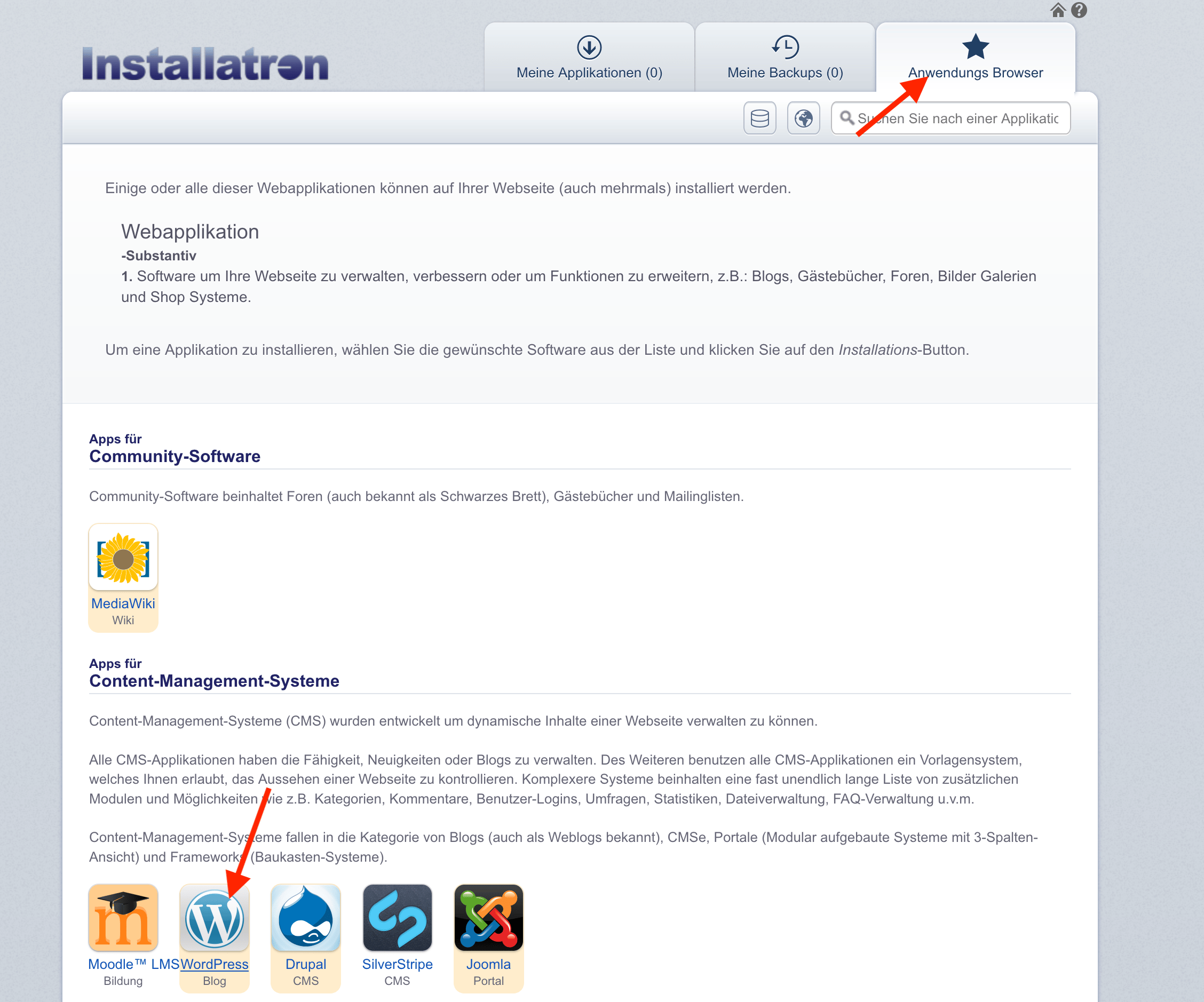 WordPress im Anwendungsbrowser des App-Installers auswählen