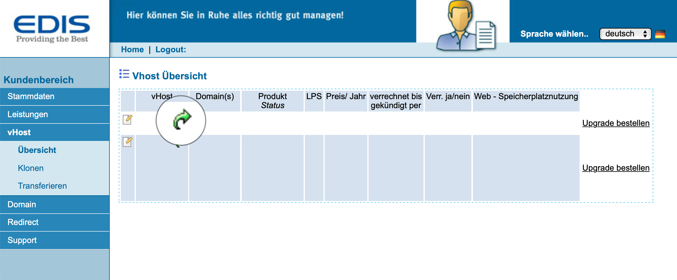 Webhost im Kundenbereich auswählen und den vHost-Bereich öffnen