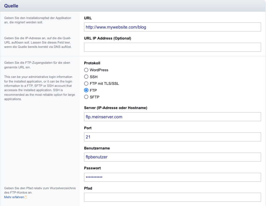 Quelldaten, Transferprotokoll und Pfad der bestehenden WordPress-Installation