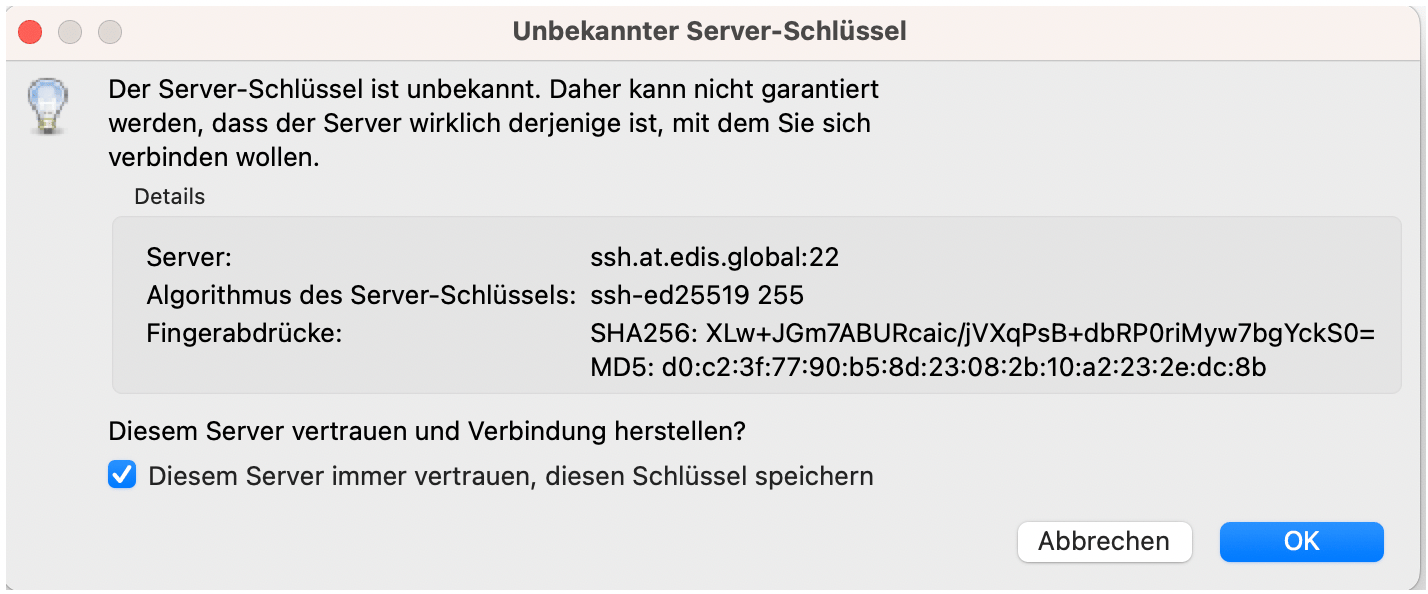 FileZilla zeigt den SSH-Hostschlüssel zur Prüfung an