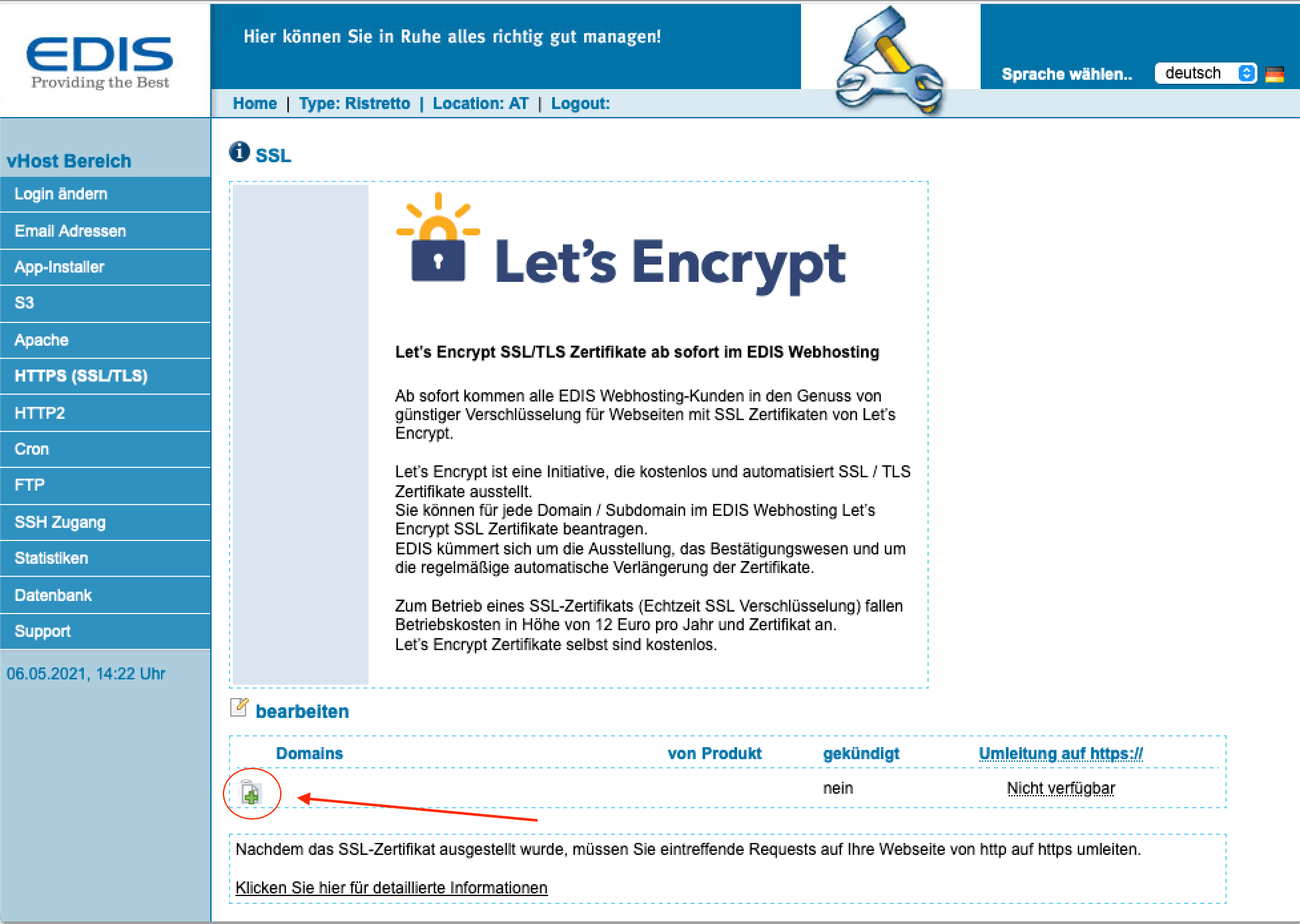 Let's-Encrypt-Zertifikat im Bereich HTTPS (SSL/TLS) bestellen