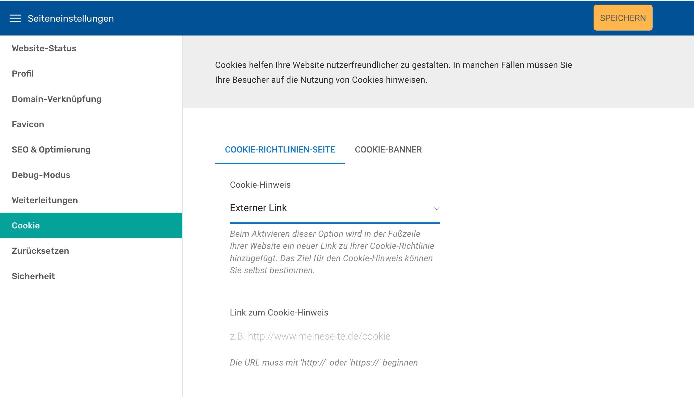 URL der Cookie-Informationsseite im Baukasten hinterlegen