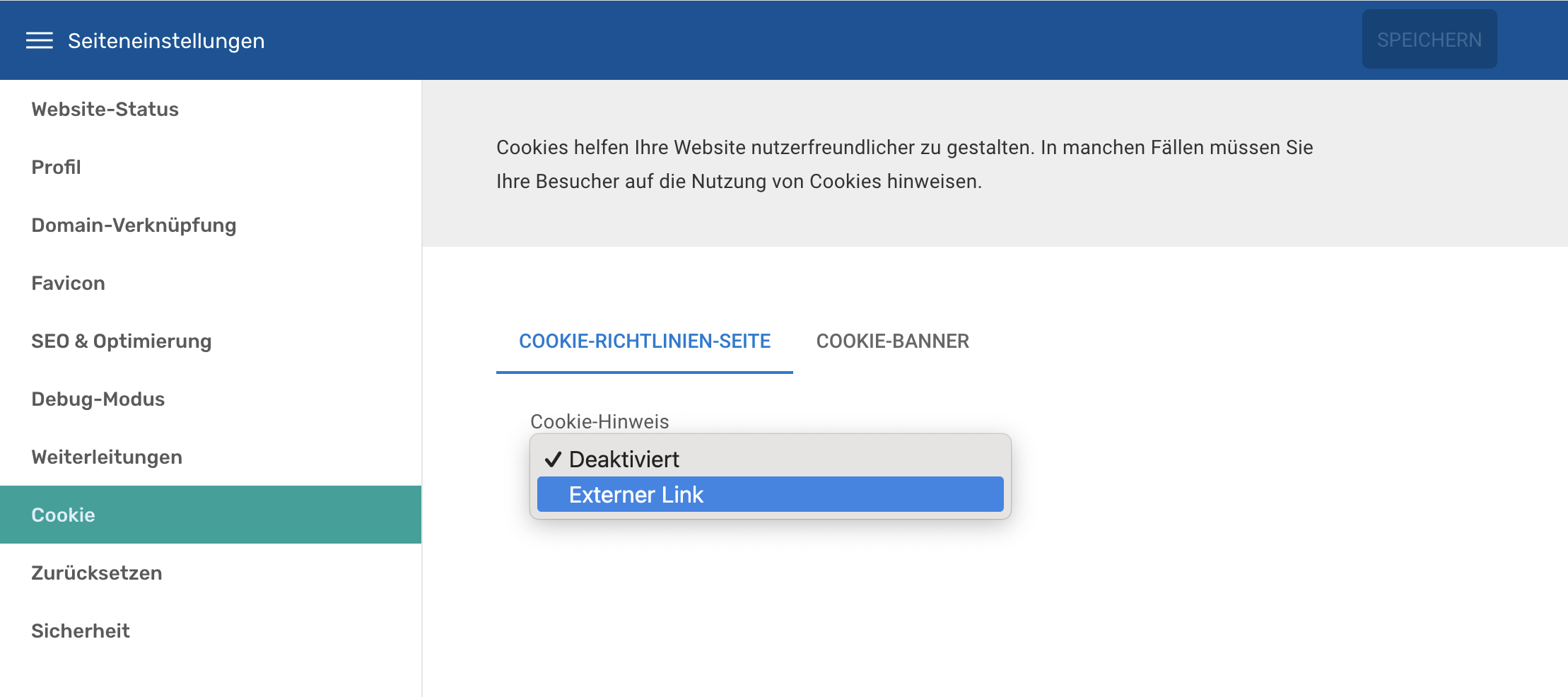 Bereich Cookie unter SEO und Optimierung im Baukasten