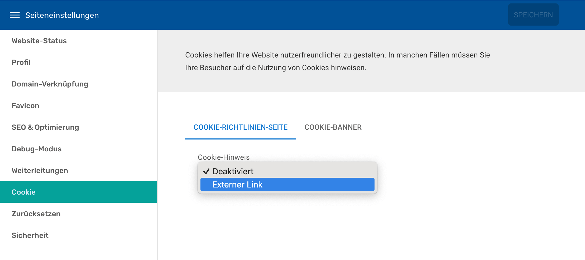 Bereich Cookie unter SEO und Optimierung im Baukasten