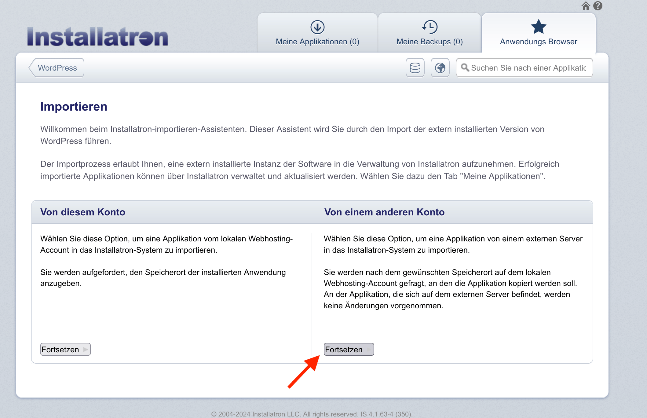 Installation von einem anderen Hosting-Konto importieren